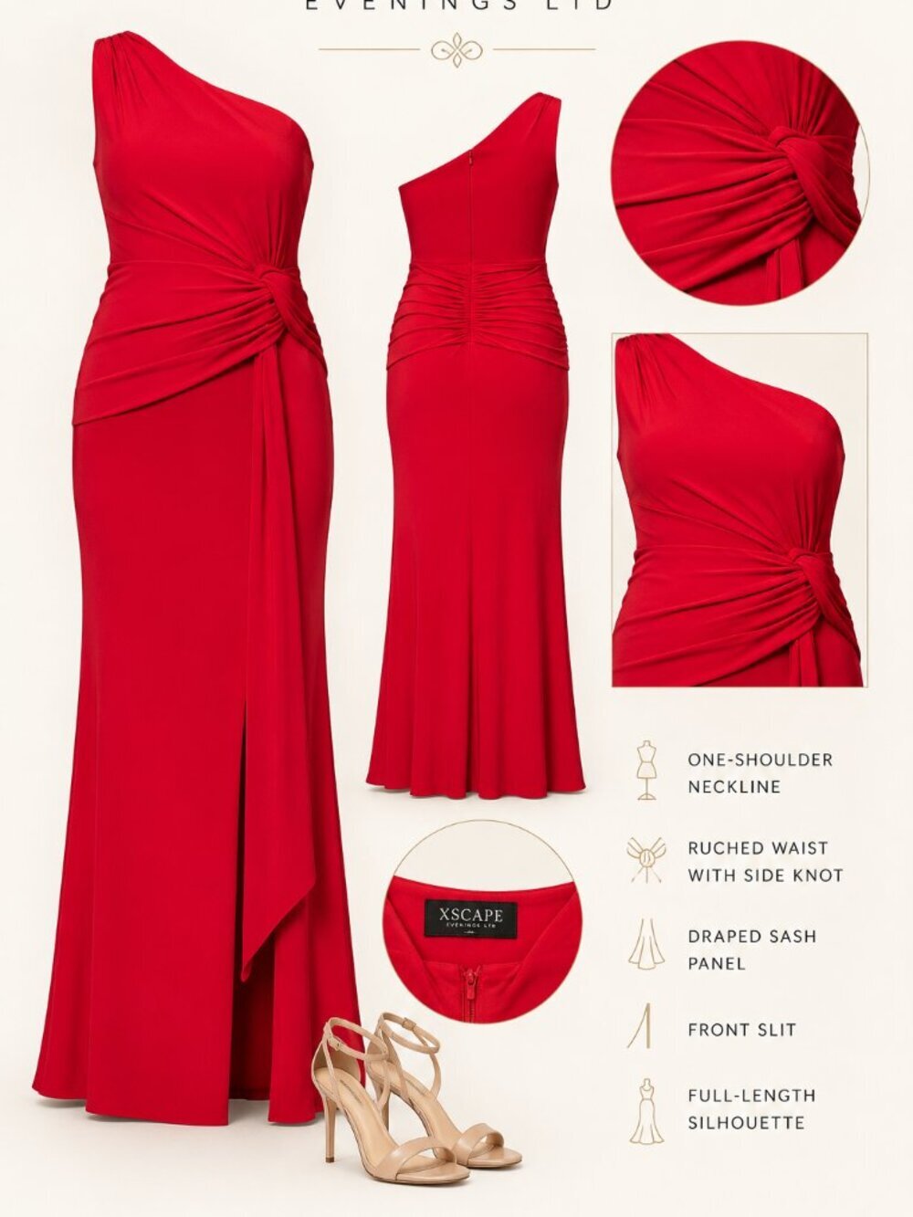 Xscape Plus Size Red One Shoulder Draped Gown NWT Glam Party Holiday Dress